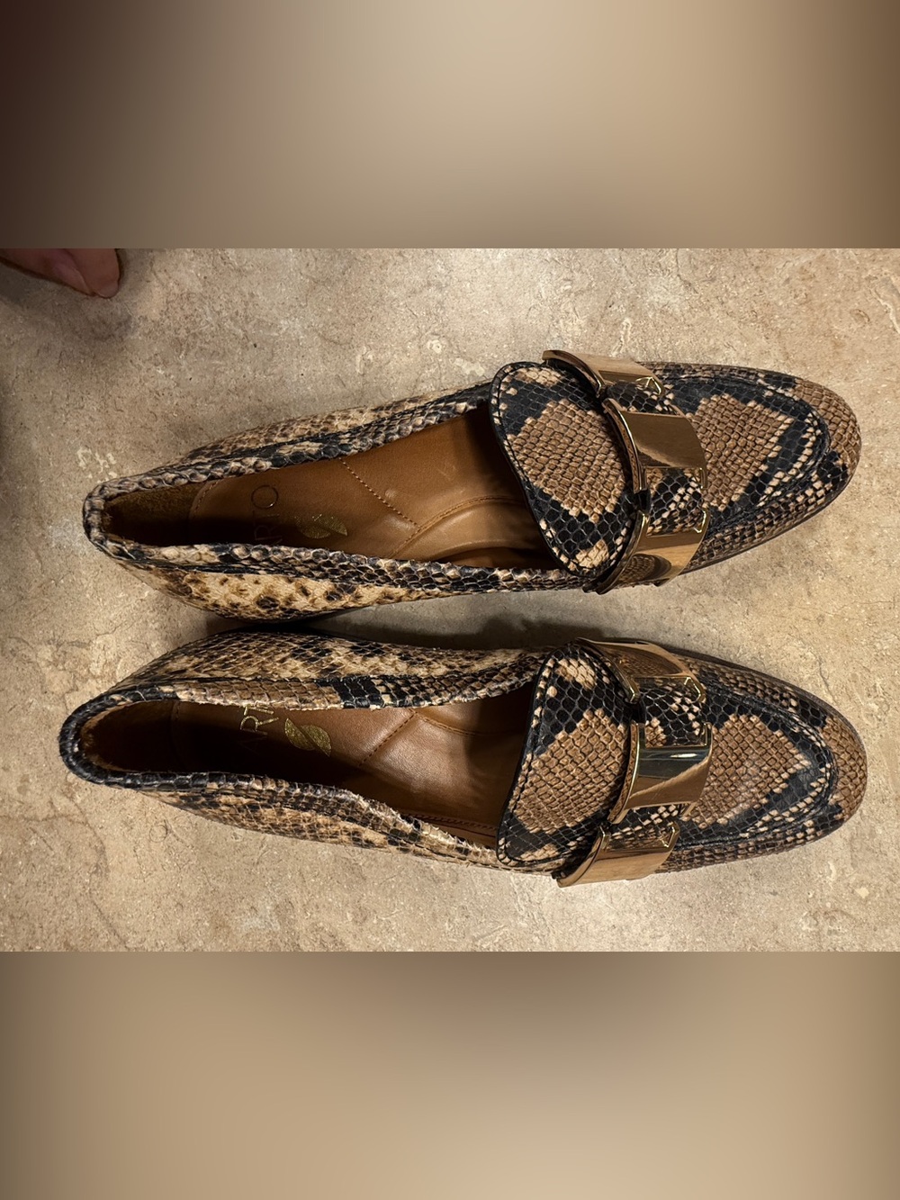 Snake-Print Loafers with Gold Buckle - Brown